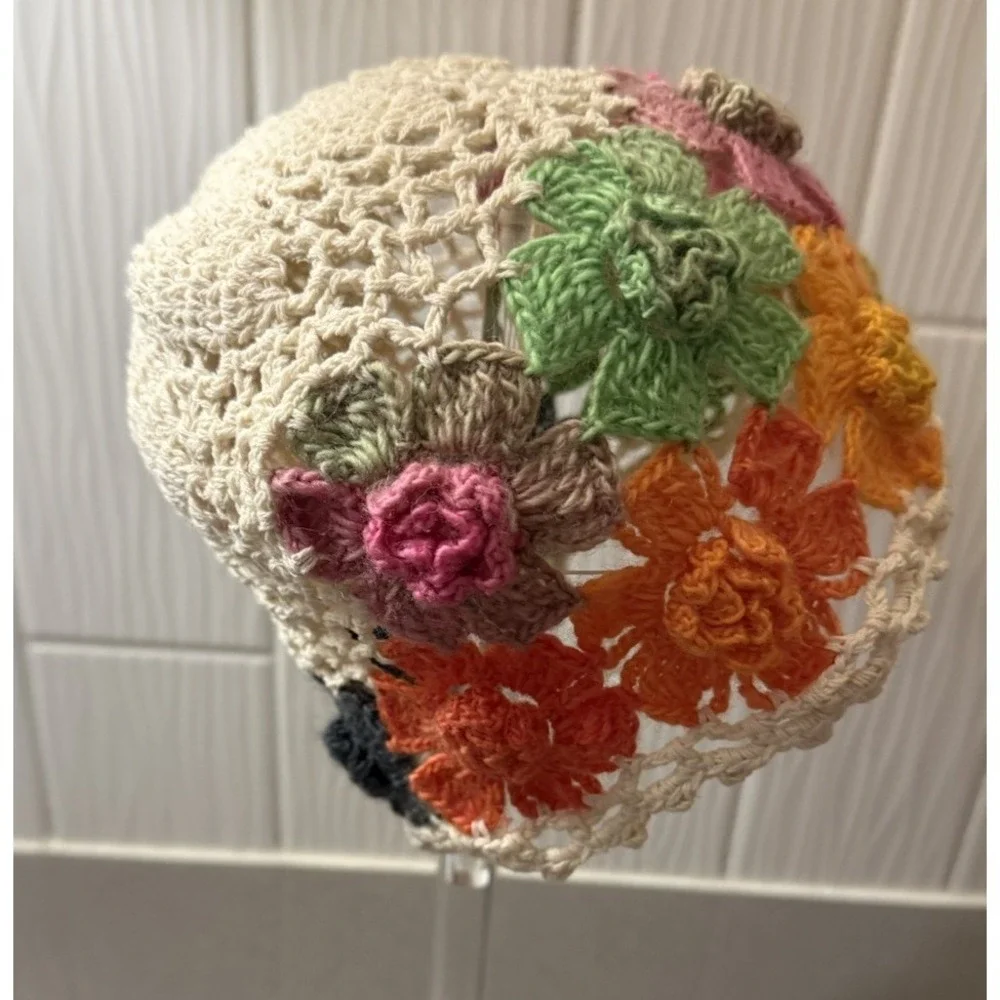 Multicolor 3D Crochet Flower Bucket Hat Beanie Boho Cloche Cottagecore Handmade